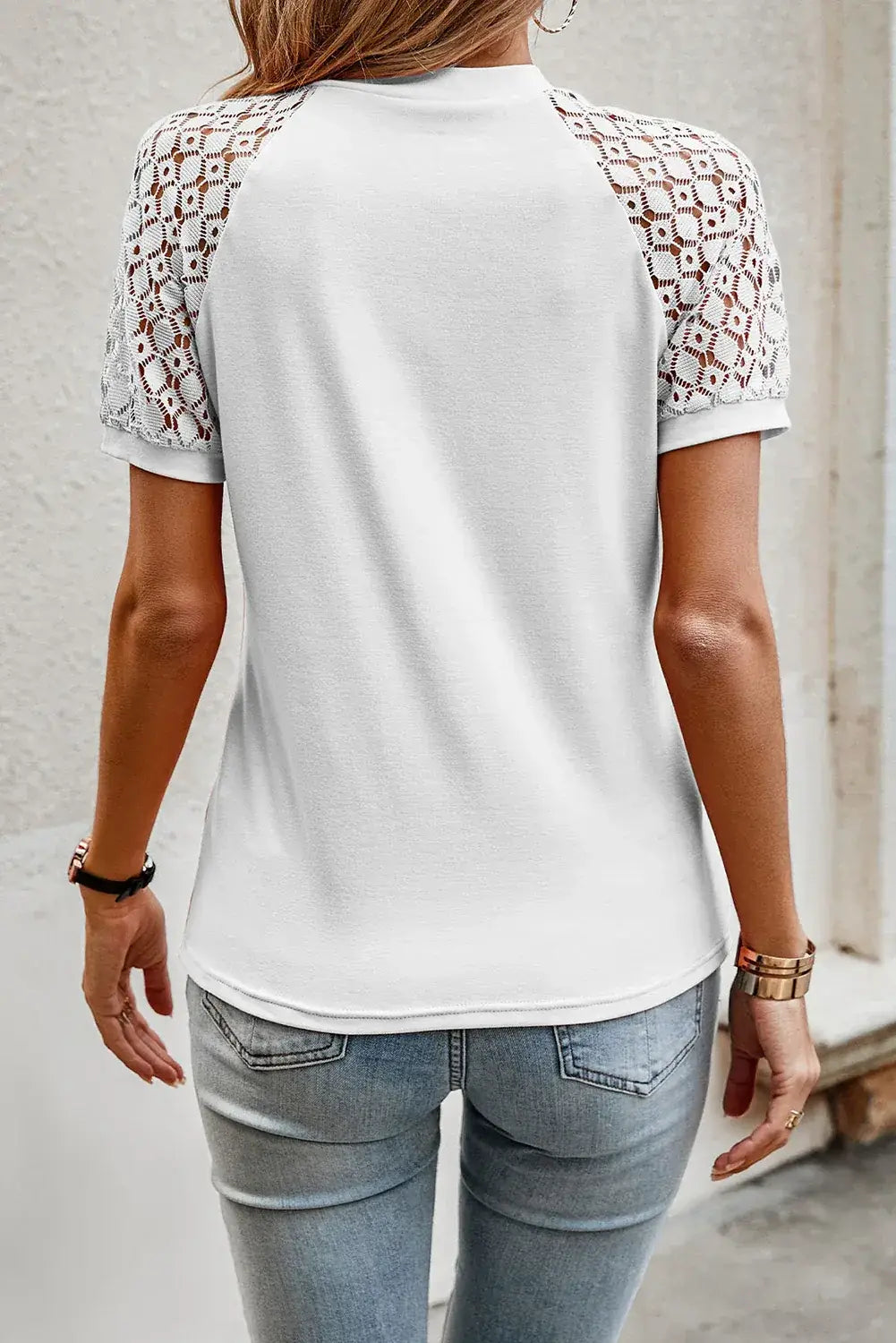 Navy Blue Seamed Detail Contrast Lace Raglan Sleeve Tee - Sweet Fashion Wholesale