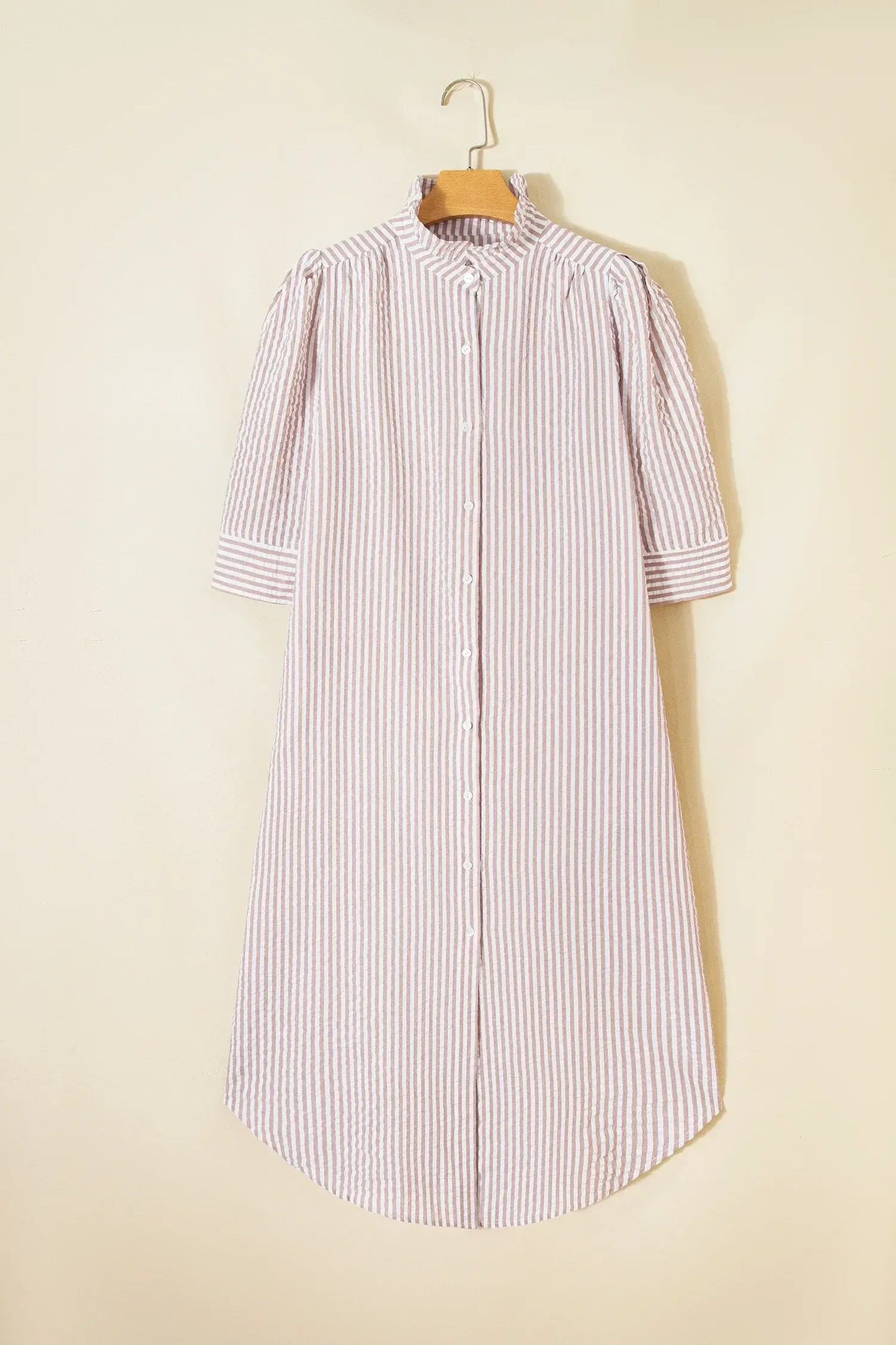Khaki Stripe Frilled Collar Half Sleeve Shirt Maxi Dress - Sweet Fashion Wholesale