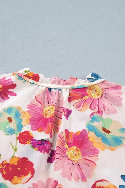 Beige Vibrant Summer Floral Tie V Neck Short Puff Sleeve Blouse - Sweet Fashion Wholesale