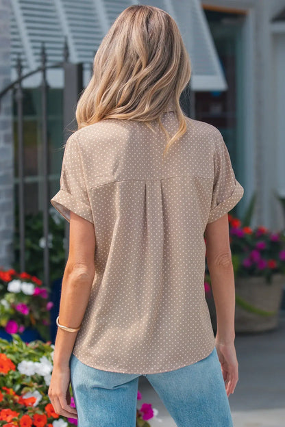 Khaki Dotted Print Cuffed Short Sleeve Shirt - Sweet Fashion Wholesale