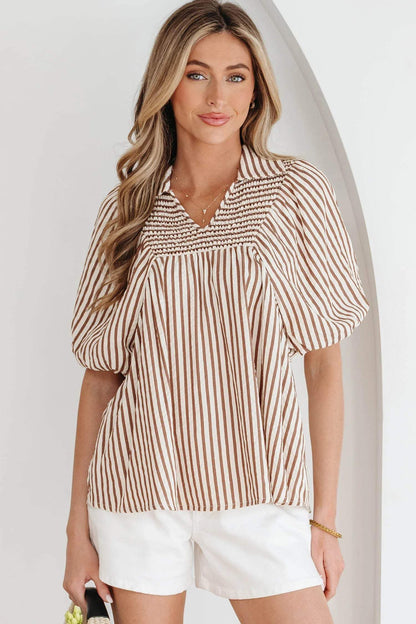Brown Stripe Shirred V Neck Short Puff Sleeve Blouse - Sweet Fashion Wholesale