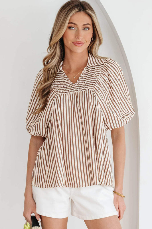 Brown Stripe Shirred V Neck Short Puff Sleeve Blouse - Sweet Fashion Wholesale