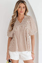 Brown Stripe Shirred V Neck Short Puff Sleeve Blouse - Sweet Fashion Wholesale