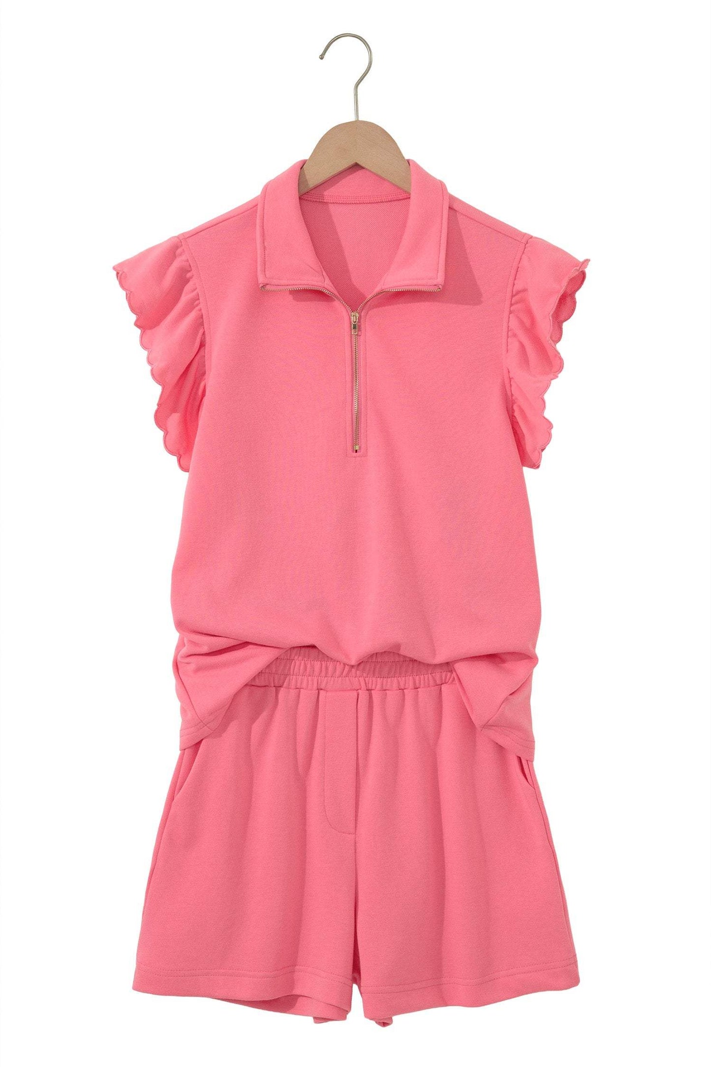 Sky Blue Half Zipped Ruffled Short Set