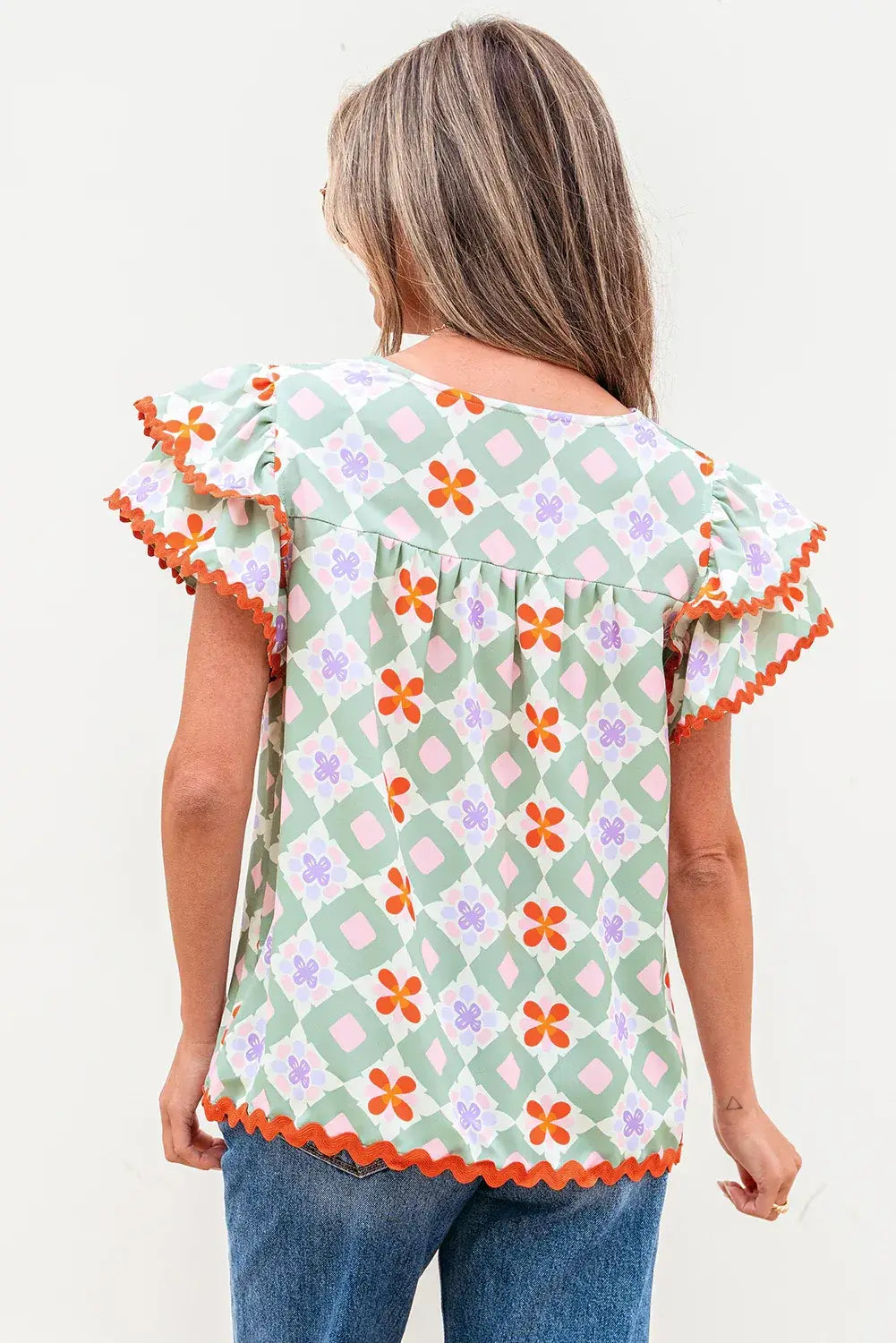 Green Geometric Floral Print Layered Flutter Sleeve V Neck Ric Rac Trim Blouse