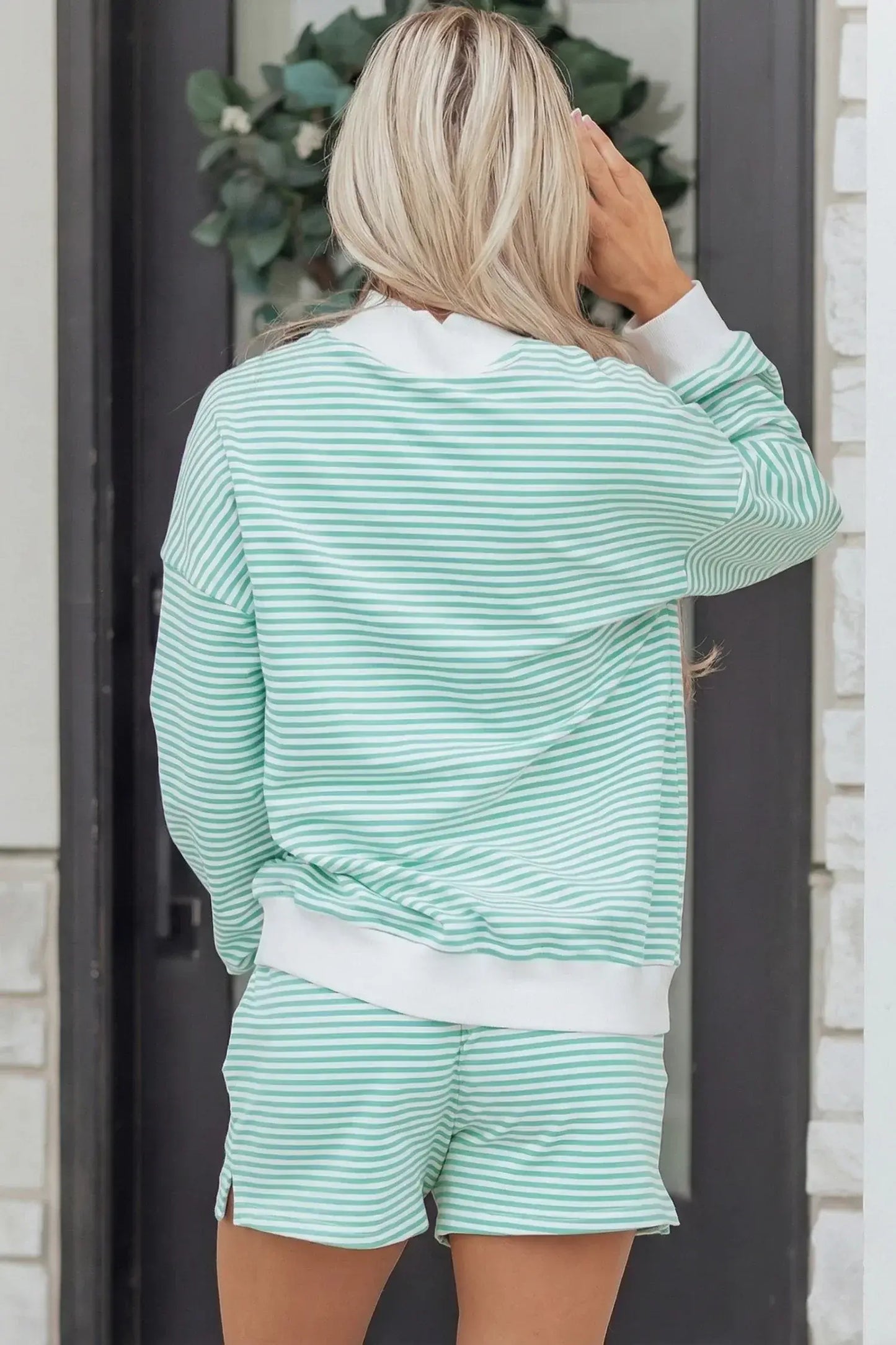 Sky Blue Stripe Oversize Mock Neck Sweatshirt and Shorts Set - Sweet Fashion Wholesale