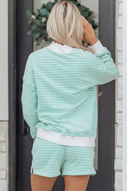 Sky Blue Stripe Oversize Mock Neck Sweatshirt and Shorts Set - Sweet Fashion Wholesale