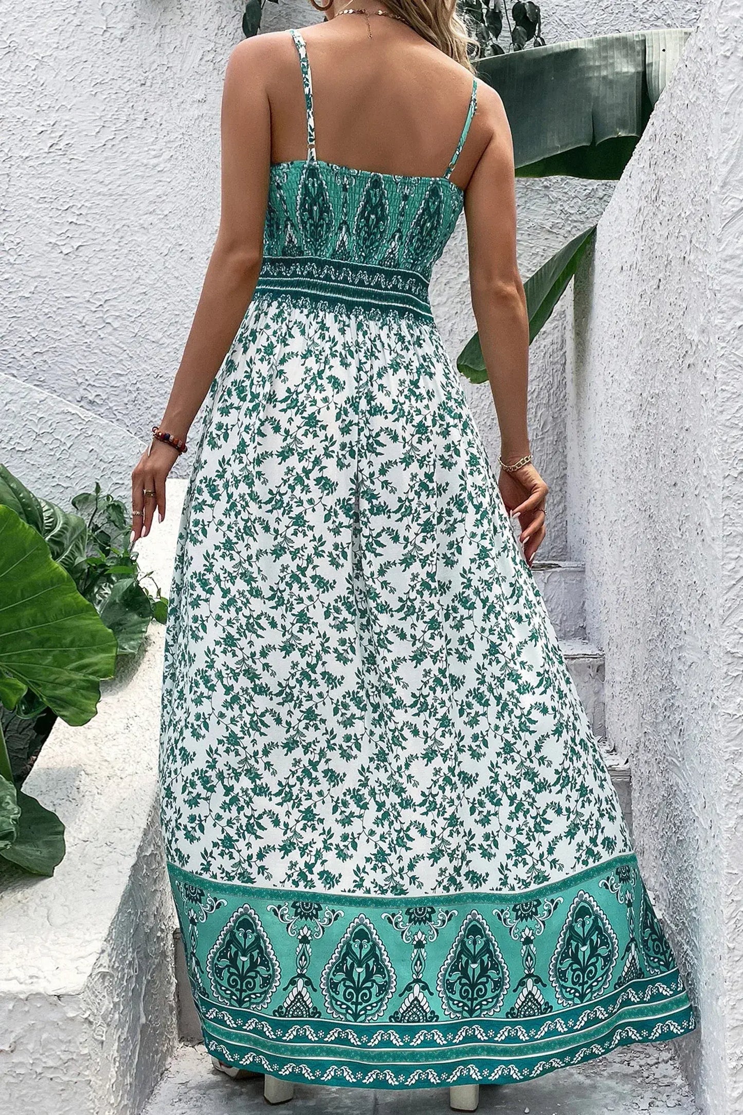 Green Boho Floral Print Shirred Cami Maxi Dress - Sweet Fashion Wholesale