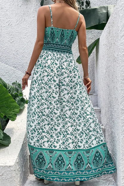 Green Boho Floral Print Shirred Cami Maxi Dress - Sweet Fashion Wholesale