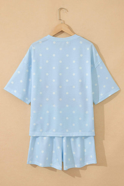 Yellow Exposed Seam Detail Polka Dot Loose Tee Drawstring Shorts Set