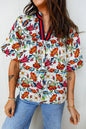 Multicolour Contrasted V Neckline Floral Puff Short Sleeve Blouse - Sweet Fashion Wholesale