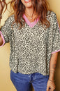 White Contrast V Neck Varsity Short Sleeve Leopard Top - Sweet Fashion Wholesale