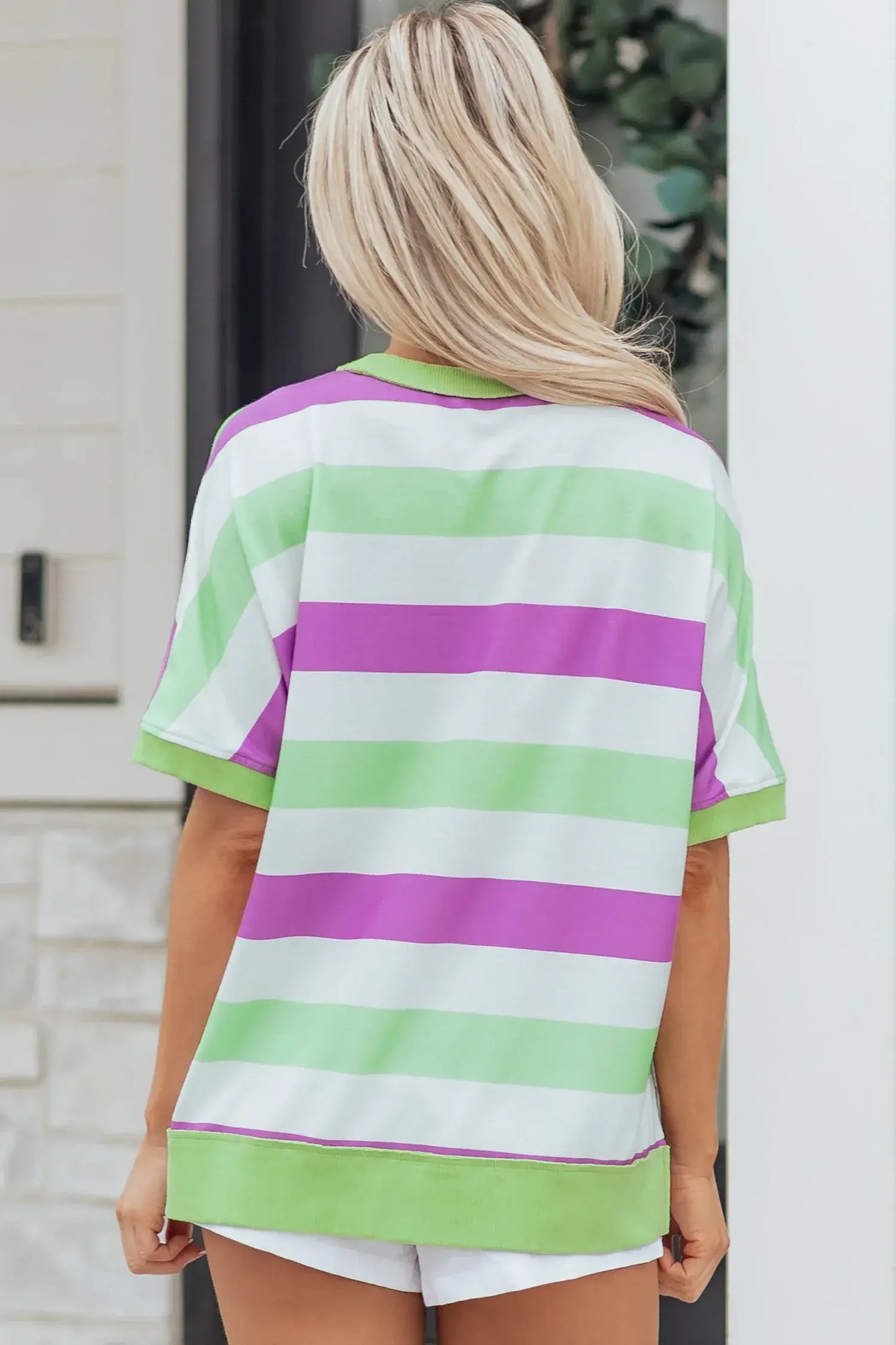 Green Stripe Lucky Clover Embroidered Graphic Dolman Loose Tee - Sweet Fashion Wholesale