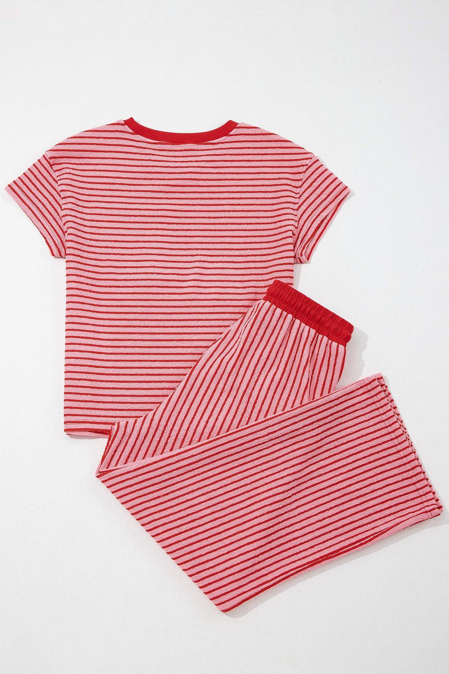 Sky Blue Stripe Crew Neck Tee Drawstring Waist Cropped Pants Set