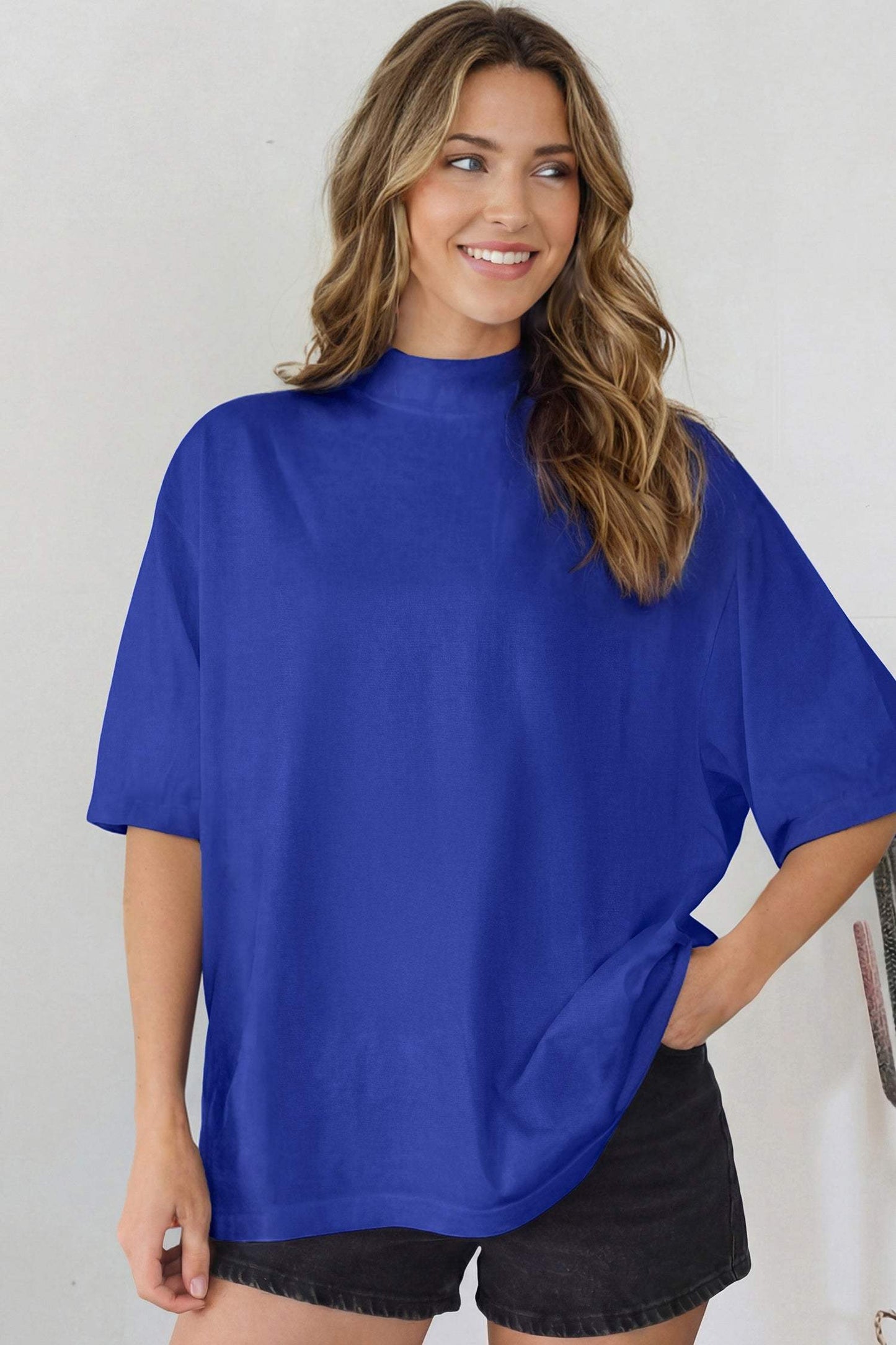 Dark Blue Solid Color High Neck Oversize Tee