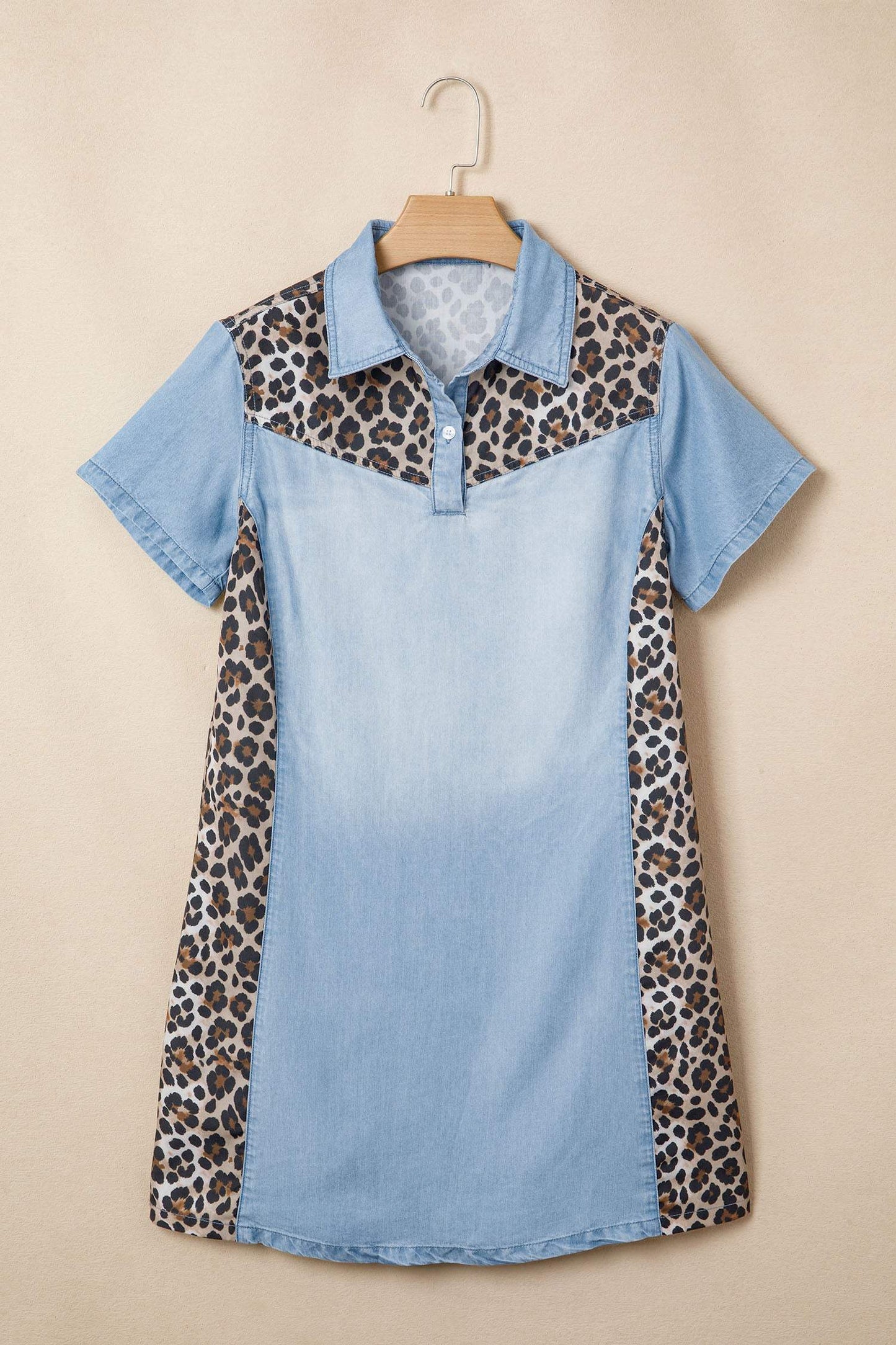 Myosotis Denim Color Block Leopard Patchwork Shirt Collar T Shirt Mini Dress