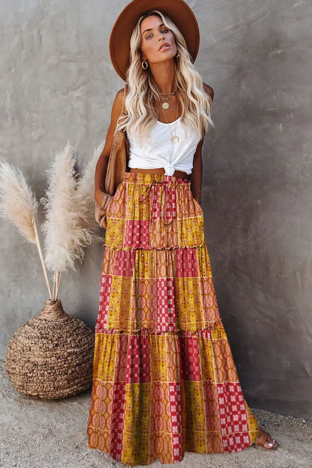 Orange Tiered Paisley Print Pocketed Maxi Skirt - Sweet Fashion Wholesale