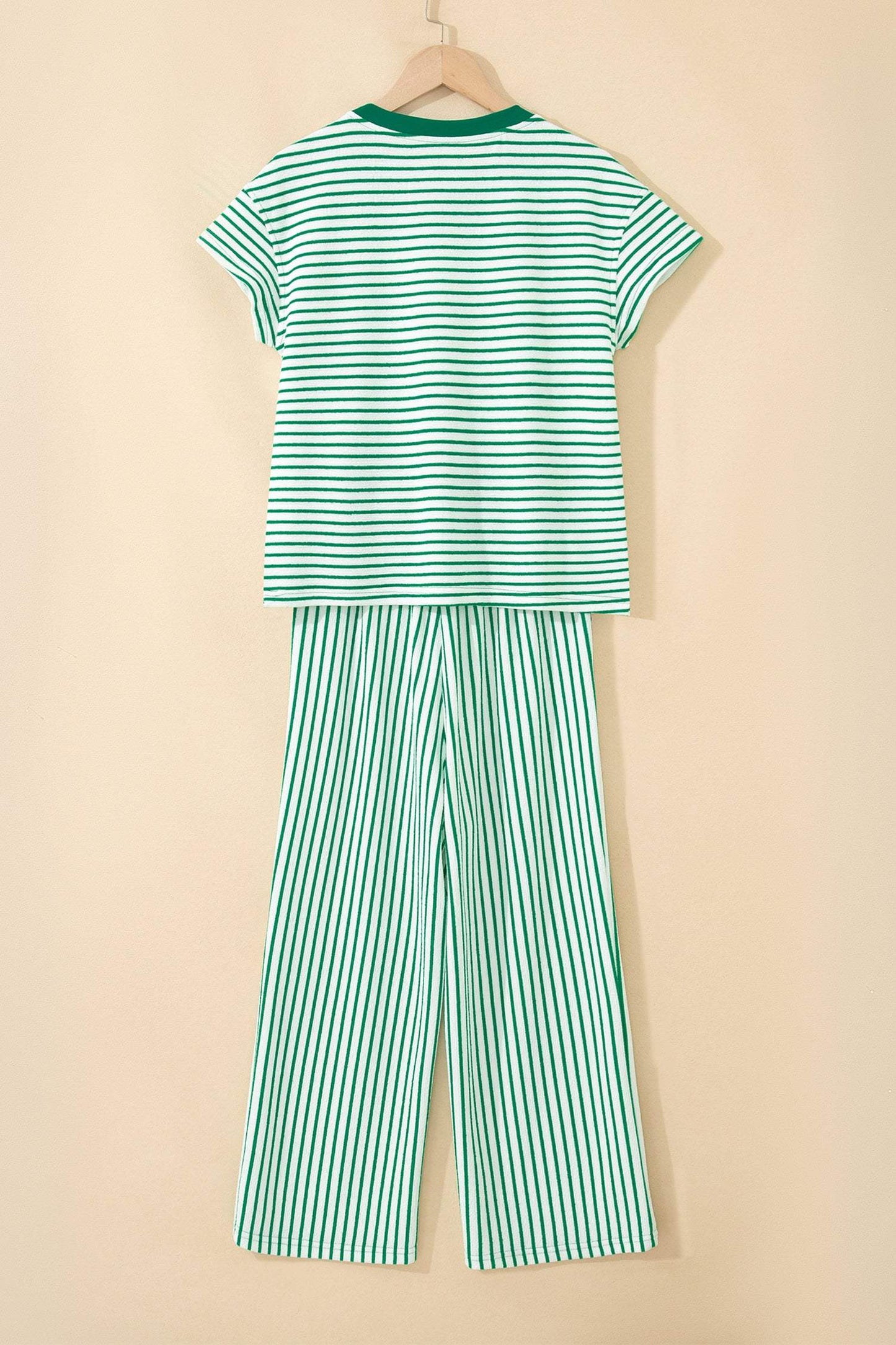 Sky Blue Stripe Crew Neck Tee Drawstring Waist Cropped Pants Set
