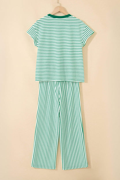 Sky Blue Stripe Crew Neck Tee Drawstring Waist Cropped Pants Set