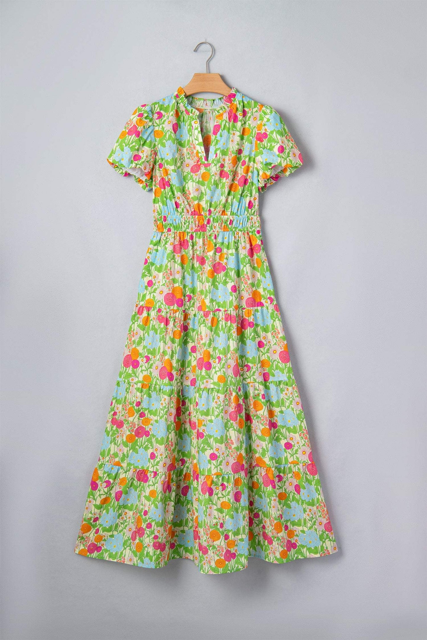 Green Floral Print V Neck Short Puff Sleeve Cotton Maxi Dress