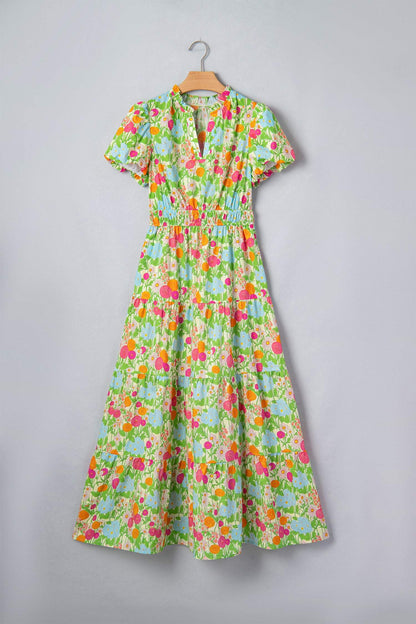 Green Floral Print V Neck Short Puff Sleeve Cotton Maxi Dress