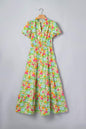 Green Floral Print V Neck Short Puff Sleeve Cotton Maxi Dress