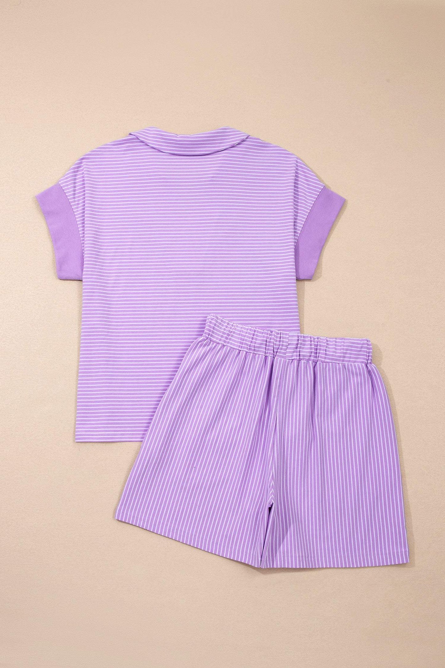 Khaki Stripe Dolman Sleeve Polo Shirt and Drawstring Shorts Set
