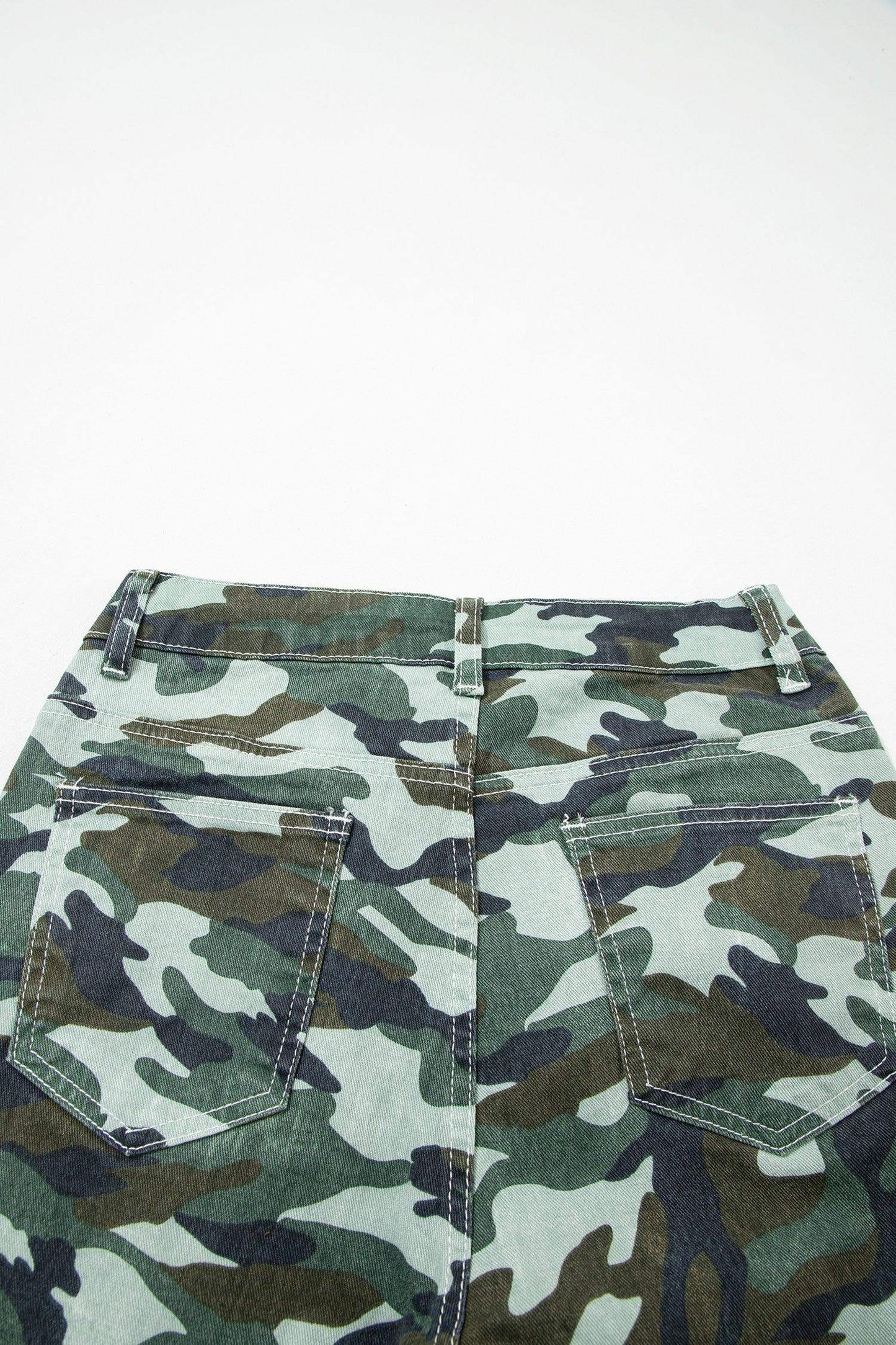 Green Camouflage Print Wide Leg Drawstring Denim Pants - Sweet Fashion Wholesale