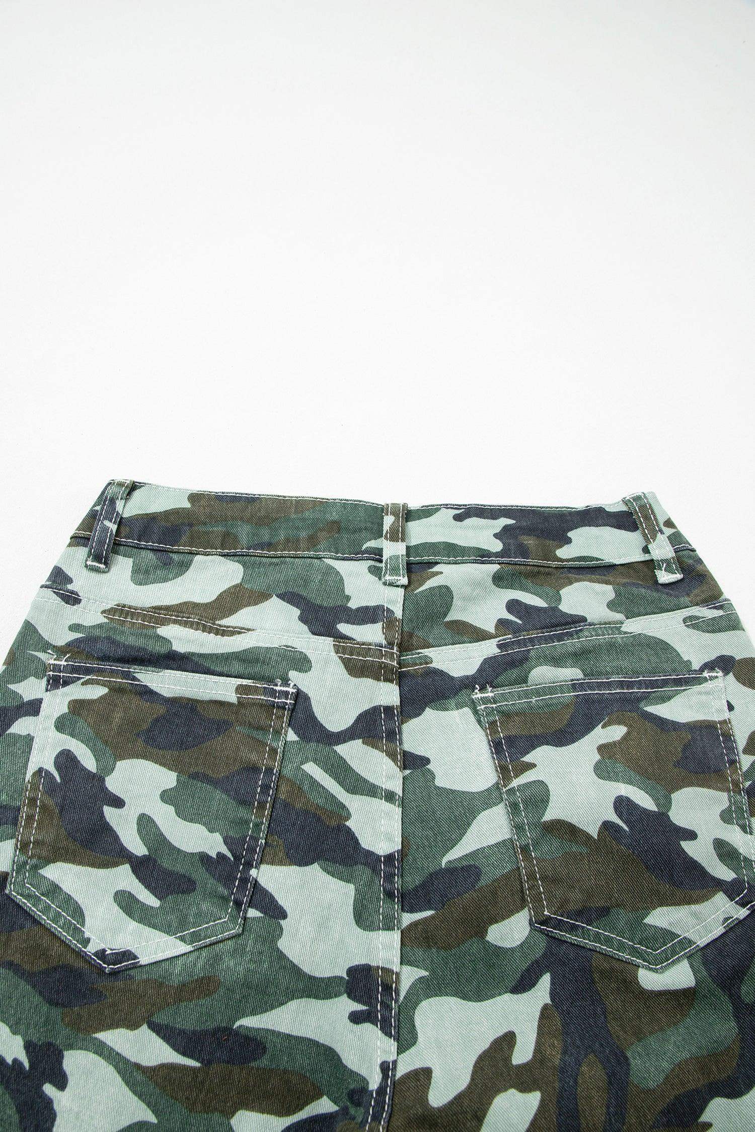 Green Camouflage Print Wide Leg Drawstring Denim Pants - Sweet Fashion Wholesale