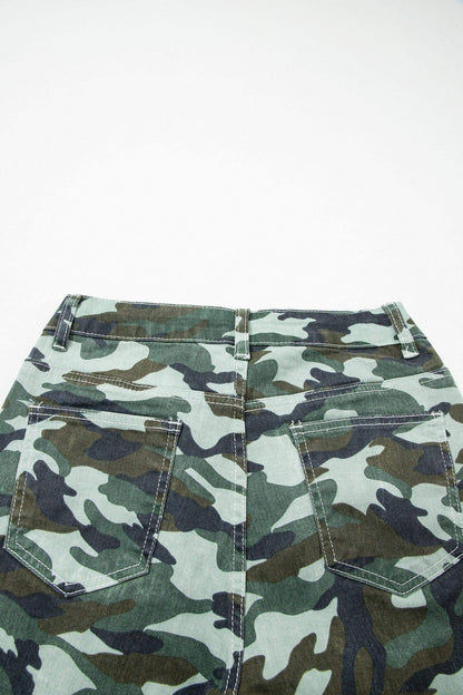 Green Camouflage Print Wide Leg Drawstring Denim Pants - Sweet Fashion Wholesale