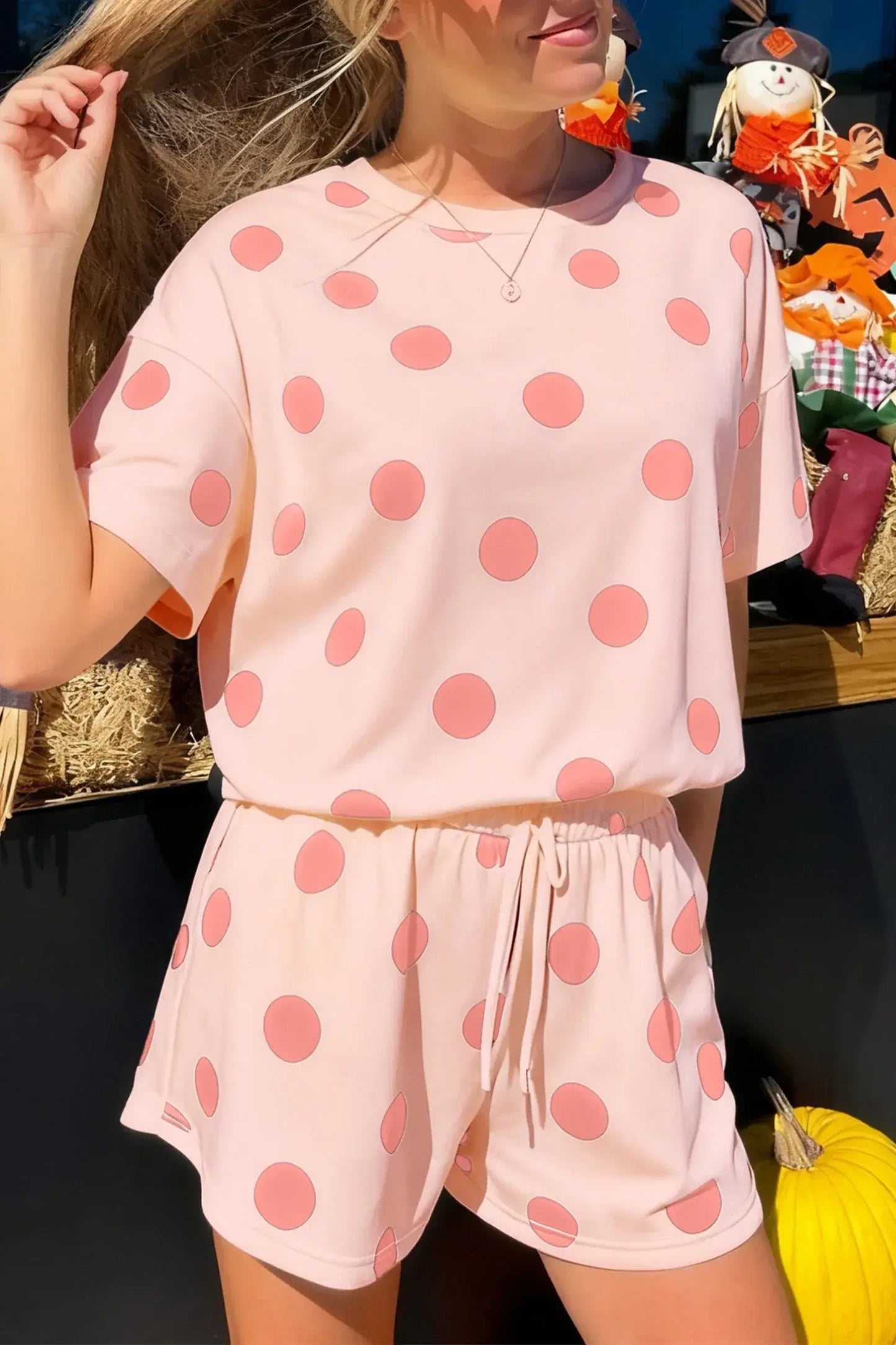 Pink Polka Dot Print Loose Tee Drawstring Elastic Waist Short Set - Sweet Fashion Wholesale