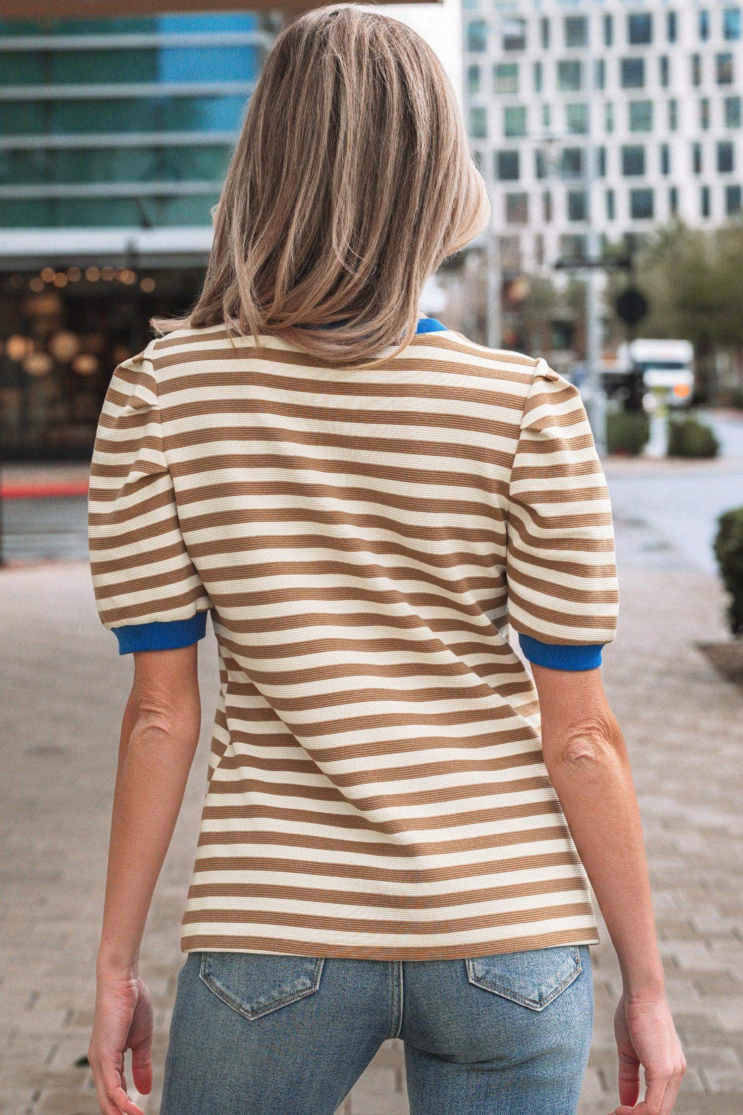 Rose Stripe Short Puff Sleeve Contrast Trim Round Neck Tee - Sweet Fashion Wholesale