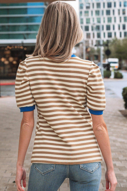 Rose Stripe Short Puff Sleeve Contrast Trim Round Neck Tee - Sweet Fashion Wholesale
