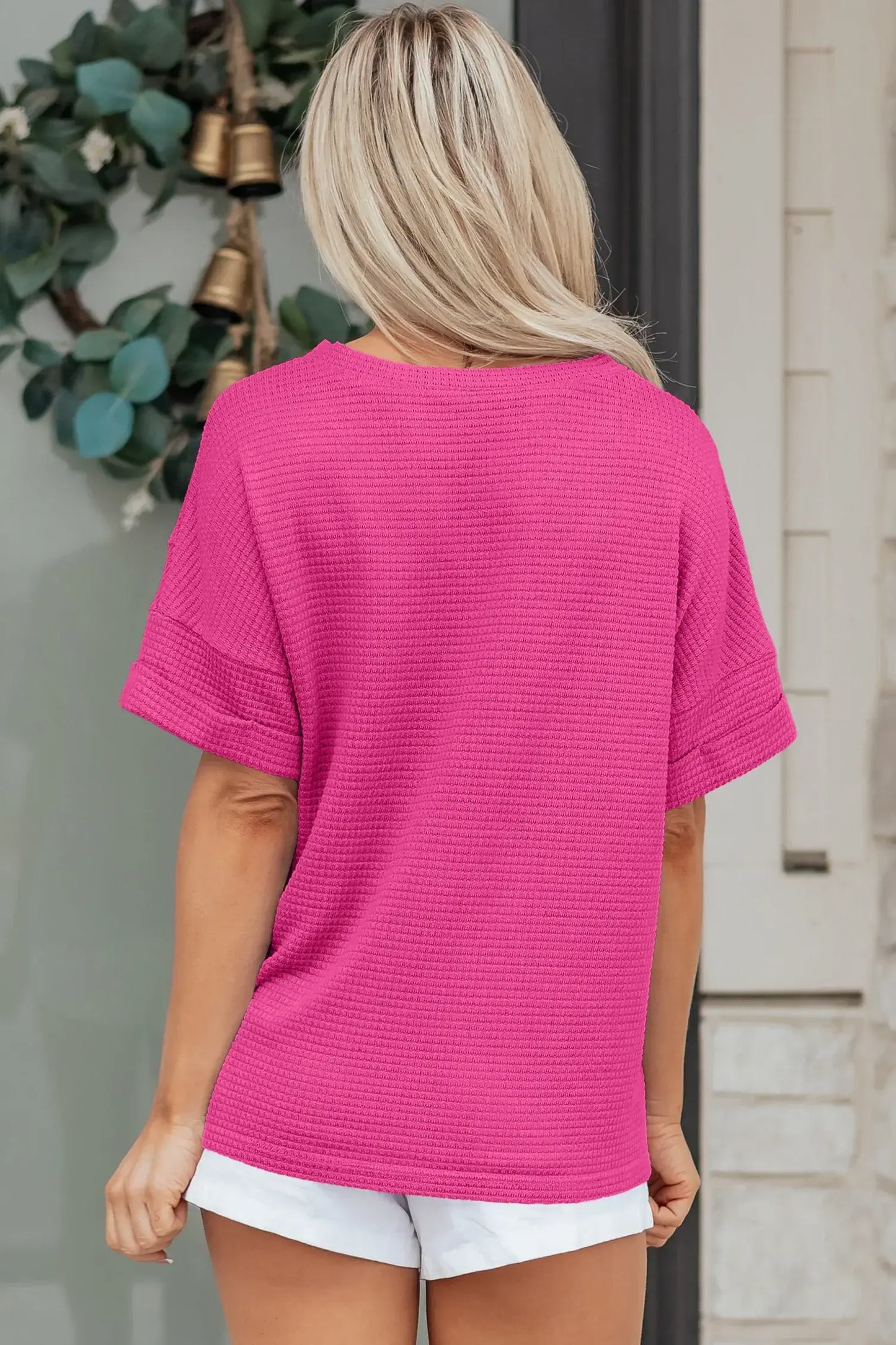 Strawberry Pink Waffle V Neck Short Sleeve Knit Top - Sweet Fashion Wholesale