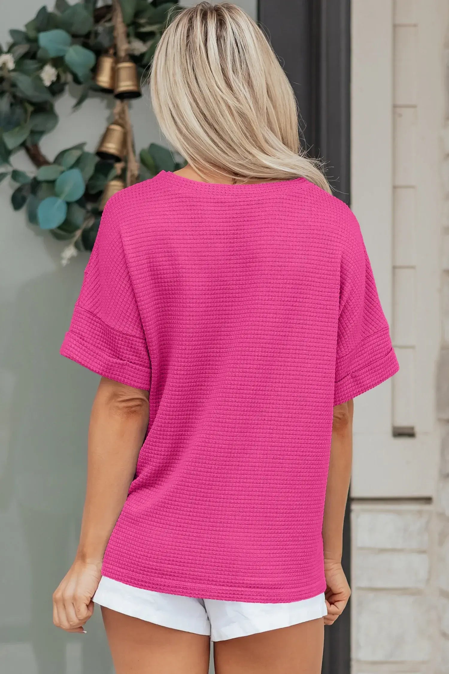Strawberry Pink Waffle V Neck Short Sleeve Knit Top - Sweet Fashion Wholesale