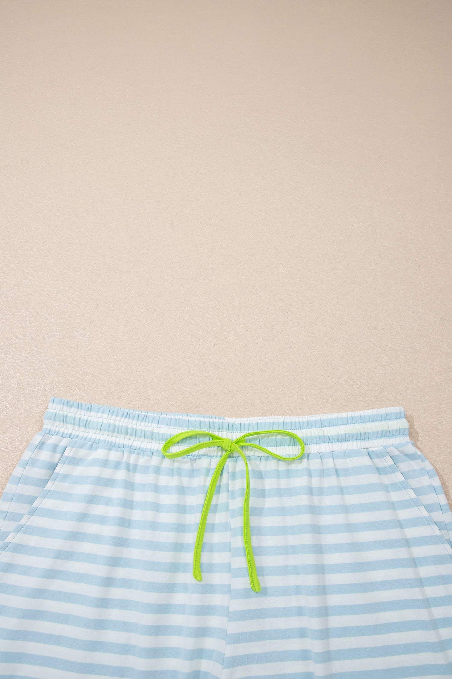 Yellow Stripe Contrast Neck Loose Tee and Drawstring Shorts Set