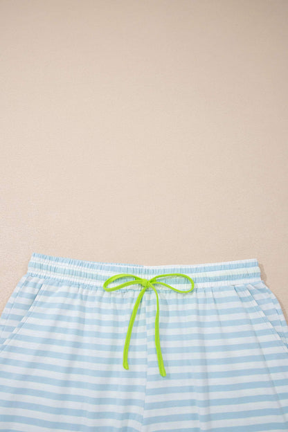 Yellow Stripe Contrast Neck Loose Tee and Drawstring Shorts Set