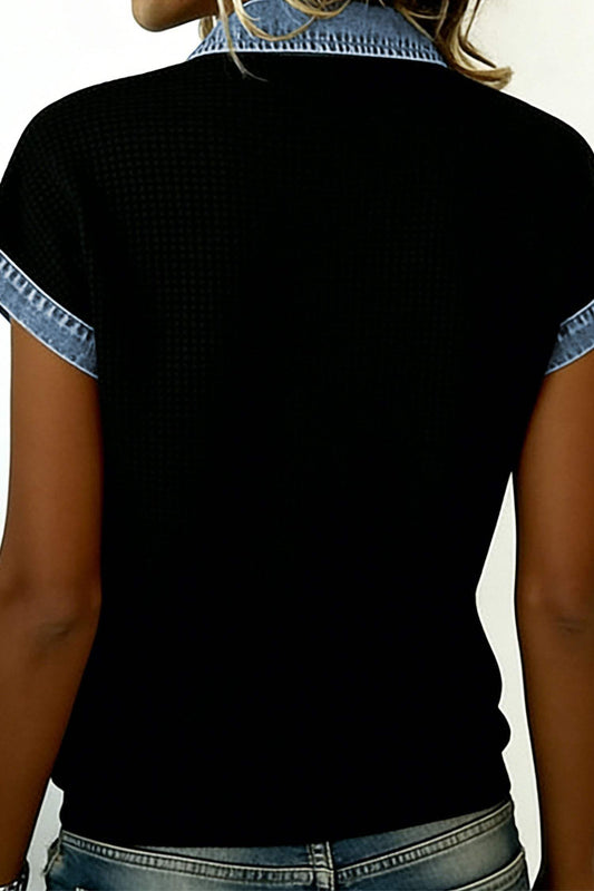 Black Textured Knit Denim Color Block Patchwork Collar Button Down Shirt