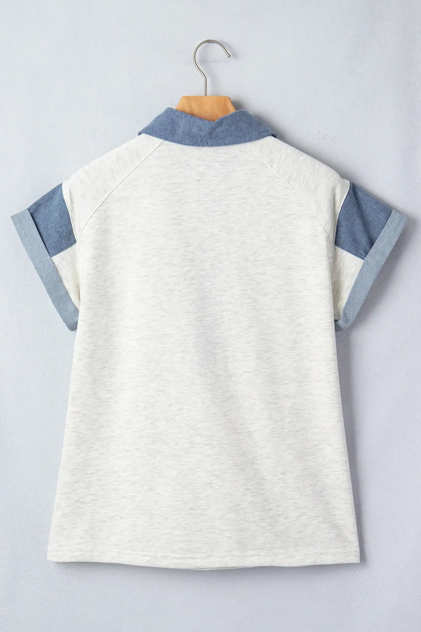 Light Grey Denim Color Block Patchwork Shirt Collar Short Sleeve Blouse - Sweet Fashion Wholesale