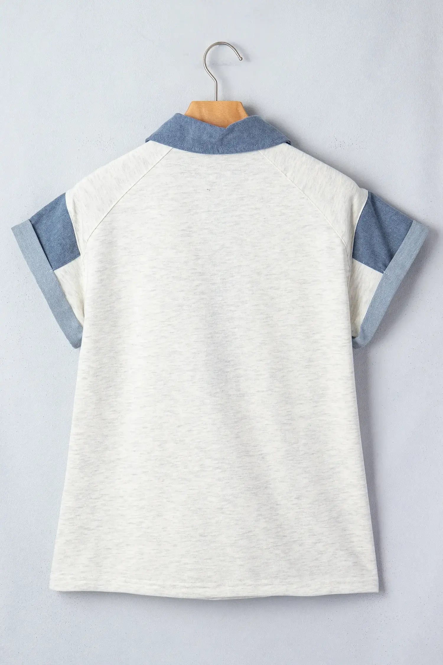 Light Grey Denim Color Block Patchwork Shirt Collar Short Sleeve Blouse - Sweet Fashion Wholesale