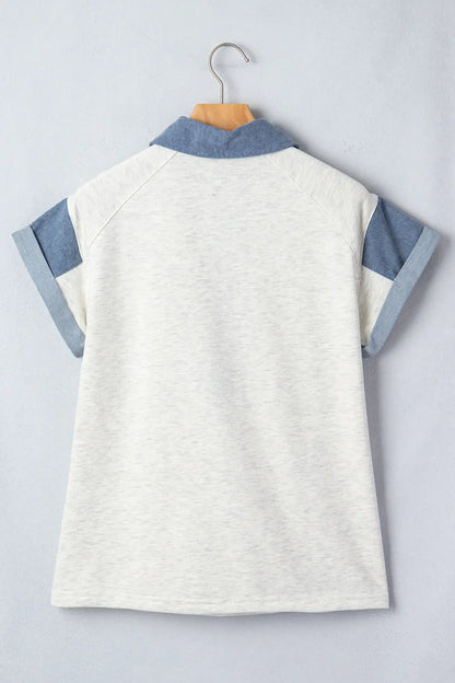 Light Grey Denim Color Block Patchwork Shirt Collar Short Sleeve Blouse - Sweet Fashion Wholesale