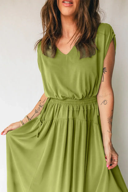 Fern Green Solid V Neck Cap Sleeve Tunic Elastic Waist Versatile Maxi Dress - Sweet Fashion Wholesale