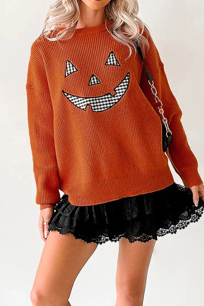Orange Drop Shoulder Long Sleeve Round Neck Halloween Sweater