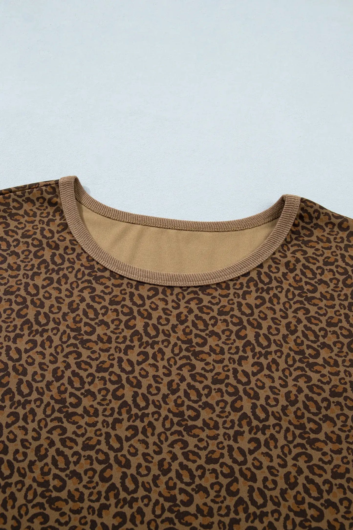 Khaki Plus Size Leopard Print Ribbed Trim Round Neck Tee - Sweet Fashion Wholesale