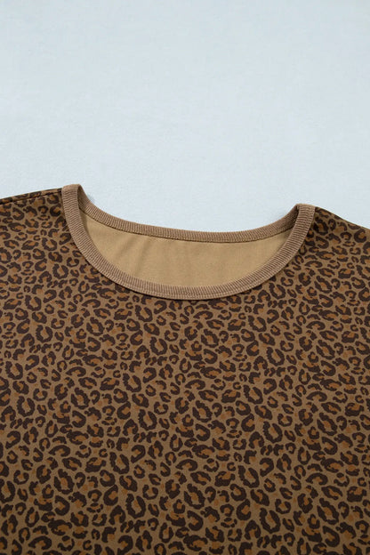 Khaki Plus Size Leopard Print Ribbed Trim Round Neck Tee - Sweet Fashion Wholesale