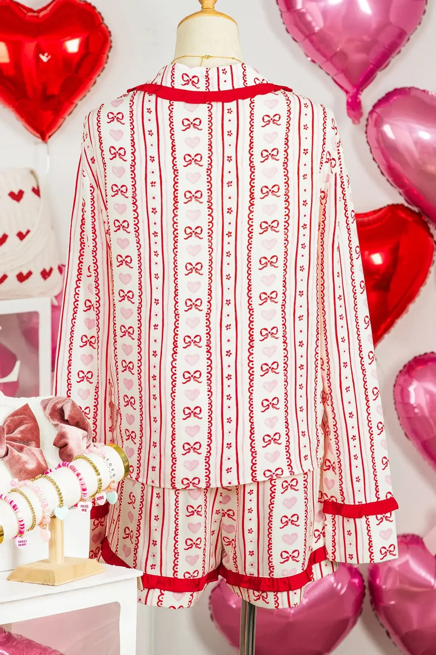 Red Sweet Floral Heart Bow Print Contrast Trim Long Sleeve Shirt Pajama Short Set - Sweet Fashion Wholesale