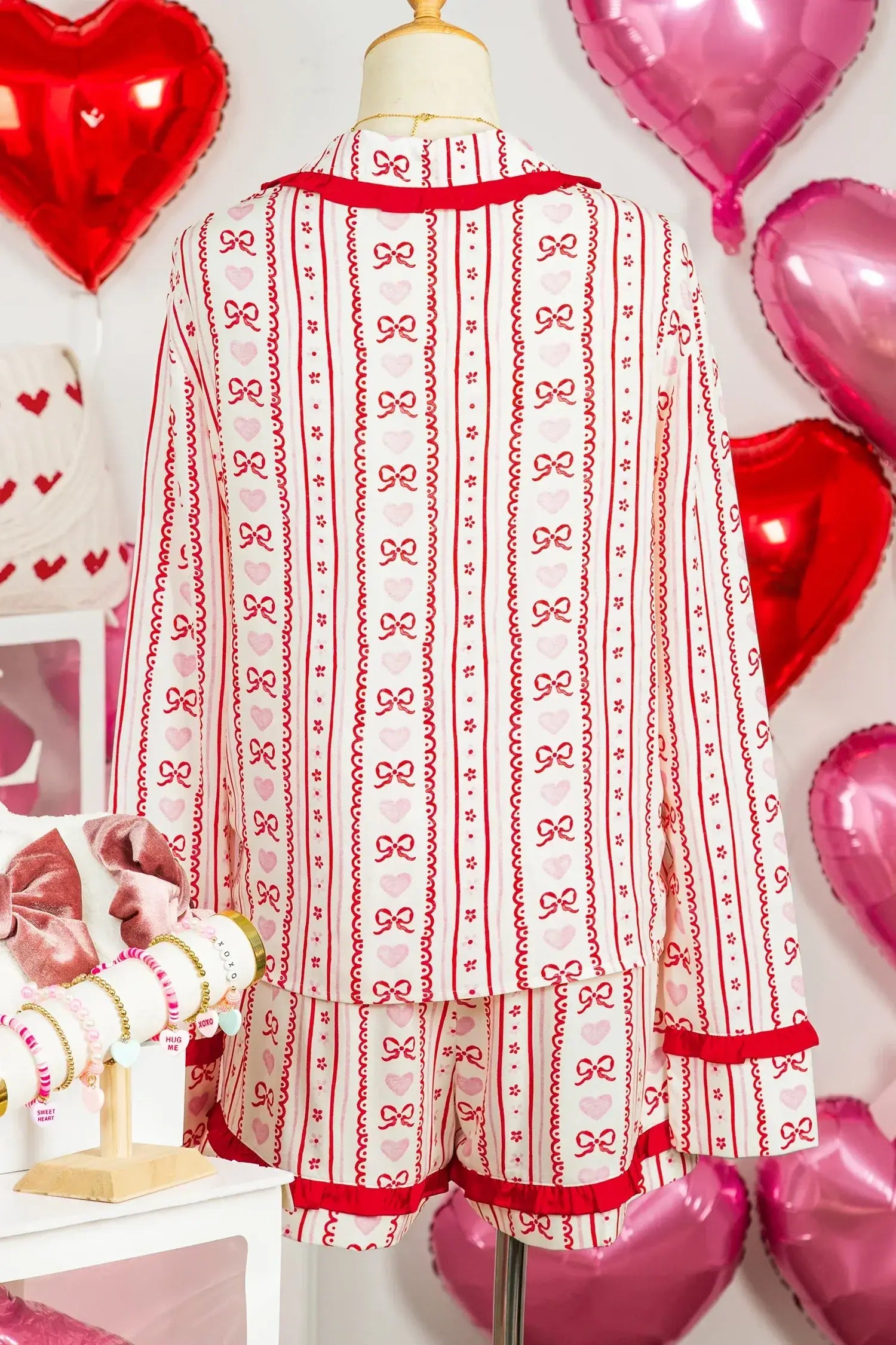 Red Sweet Floral Heart Bow Print Contrast Trim Long Sleeve Shirt Pajama Short Set - Sweet Fashion Wholesale