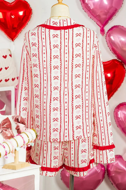 Red Sweet Floral Heart Bow Print Contrast Trim Long Sleeve Shirt Pajama Short Set - Sweet Fashion Wholesale