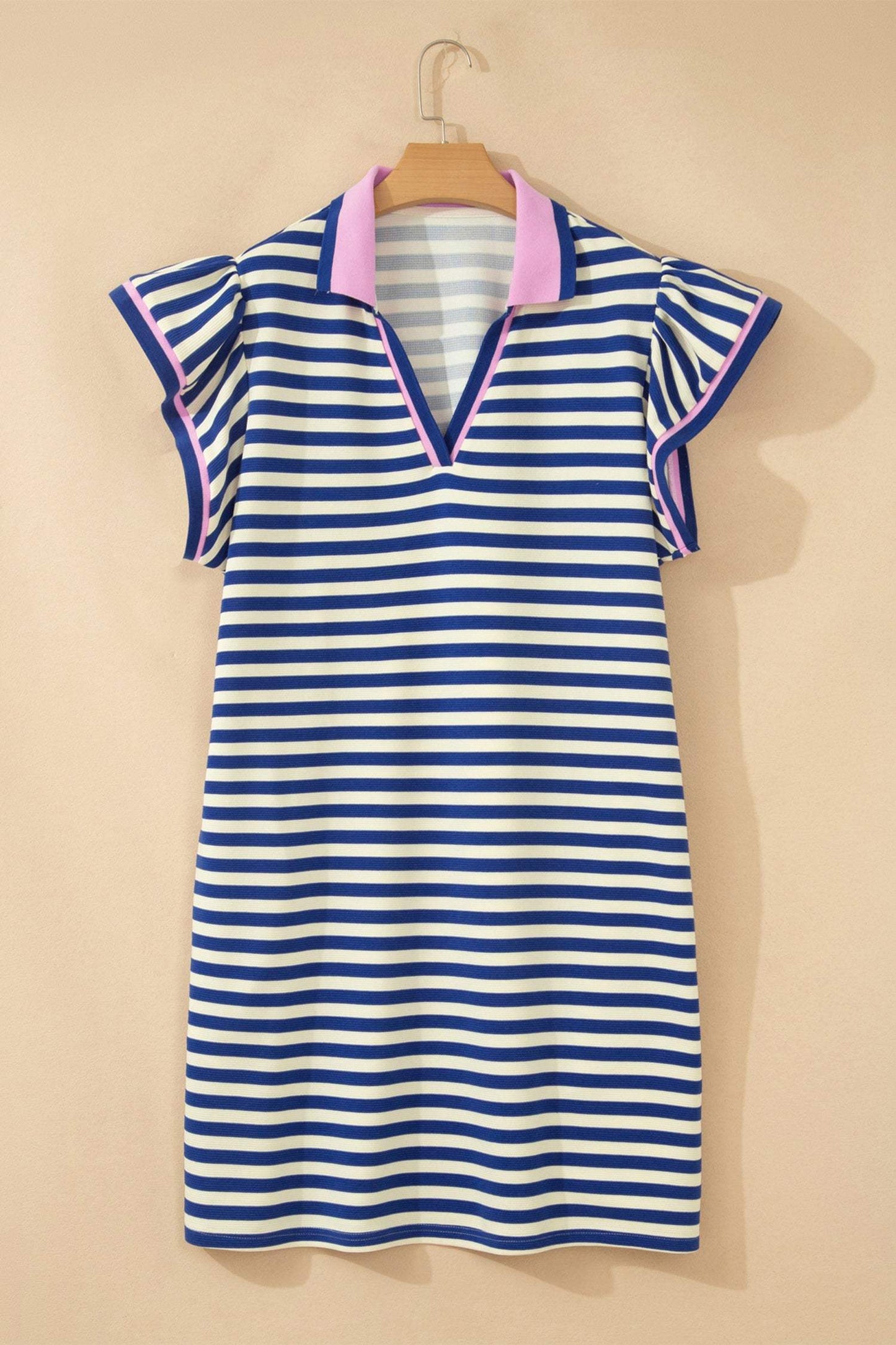 Dark Blue Striped Shift Dress Colorblock V Neck Short Sleeve Casual Summer