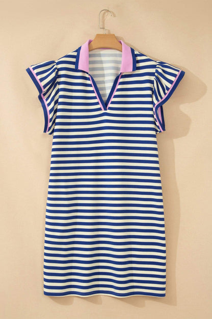 Dark Blue Striped Shift Dress Colorblock V Neck Short Sleeve Casual Summer